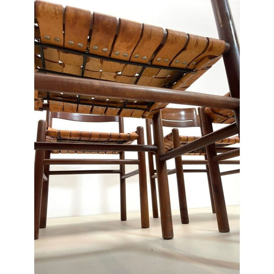 Image 1 of Set di 4 sedie vintage in legno e pelle, Italia 1960