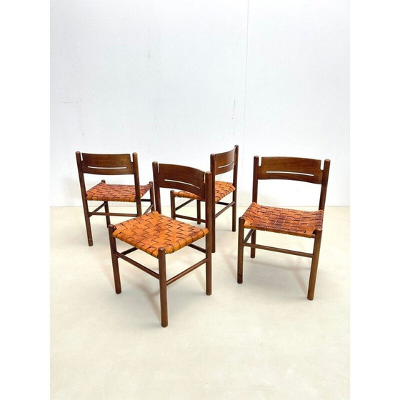 Image 1 of Set di 4 sedie vintage in legno e pelle, Italia 1960