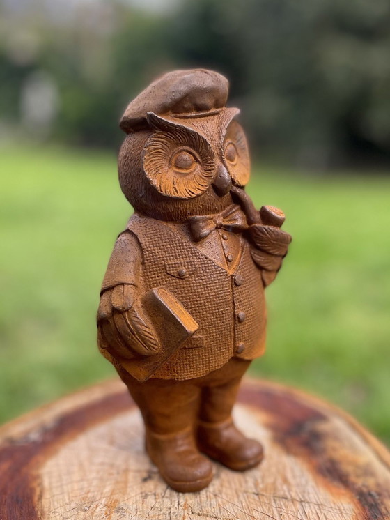 Image 1 of Cast Iron Owl With Pipe And Book Statue