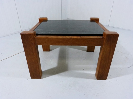 Image 1 of Brutalist coffee table side table in oak & natural stone