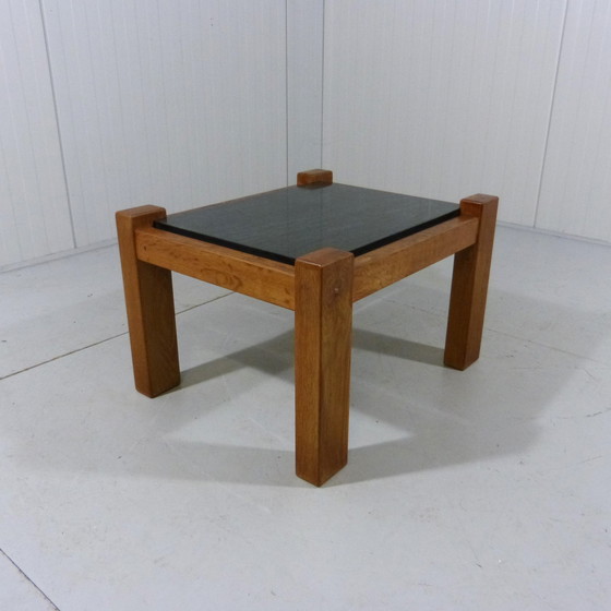 Image 1 of Brutalist coffee table side table in oak & natural stone