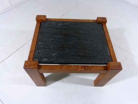 Image 1 of Brutalist coffee table side table in oak & natural stone