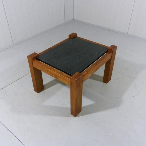 Brutalist coffee table side table in oak & natural stone