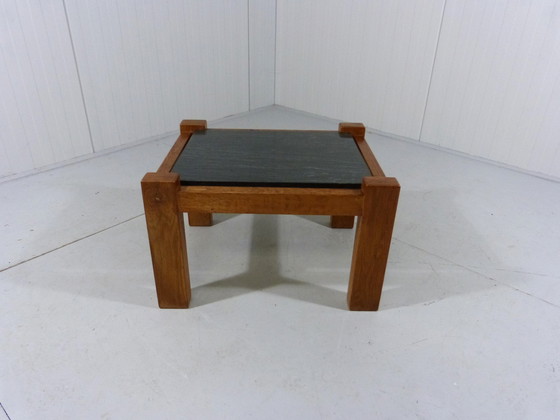 Image 1 of Brutalist coffee table side table in oak & natural stone