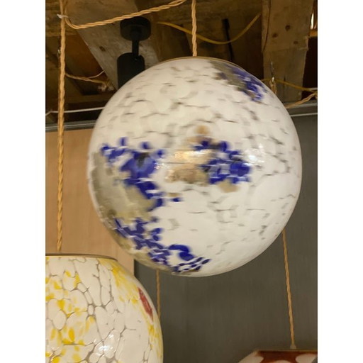 Contemporary Milky-White Sphere In Murano Glass With Blue And Gold-Leaf Murrine