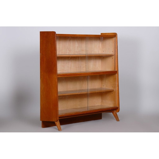 Vintage bookcase in oakwood and glass doors, Czechoslovakia 1950