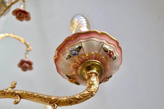 Image 1 of Ceiling Light, Sconces (2), Table Lamp, Art Deco Floral, Belle Epoque,Art Nouveau, Gilded Bronz, Majolica, Italy, Unique, Lighti