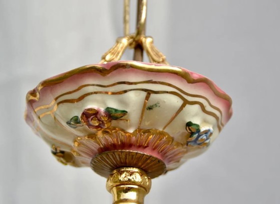 Image 1 of Ceiling Light, Sconces (2), Table Lamp, Art Deco Floral, Belle Epoque,Art Nouveau, Gilded Bronz, Majolica, Italy, Unique, Lighti