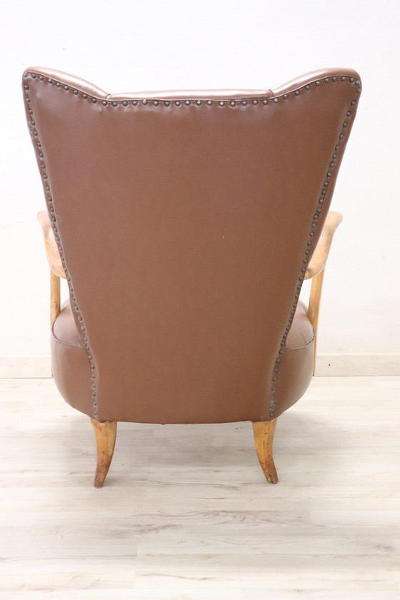 Image 1 of Mid-Century Brown Faux Leather Armchair