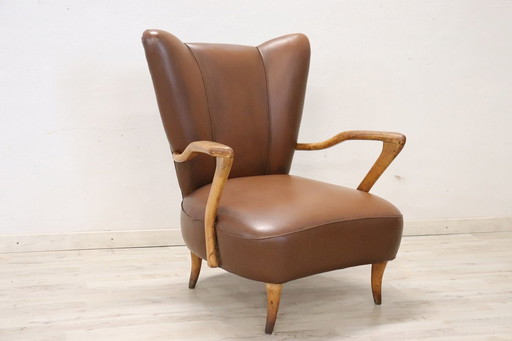 Mid-Century Brown Faux Leather Armchair