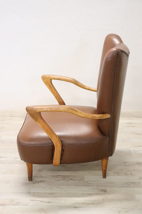 Image 1 of Mid-Century Brown Faux Leather Armchair