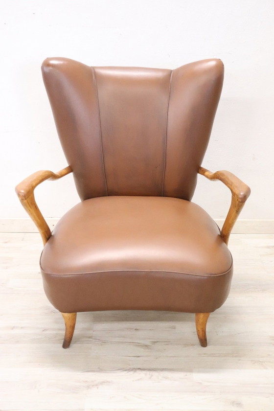 Image 1 of Mid-Century Brown Faux Leather Armchair