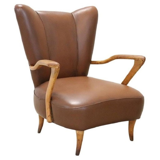 Mid-Century Brown Faux Leather Armchair