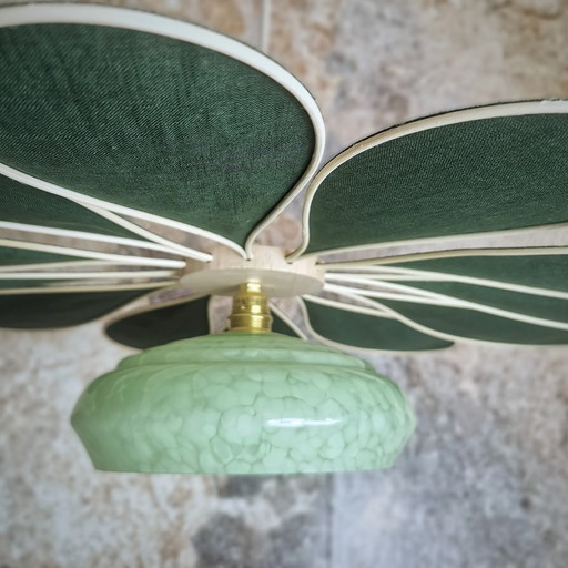 12 Petals Rattan And Linen Fir Green Flower Hanging + Green Clichy Glass Globe