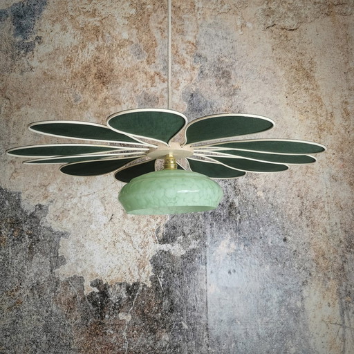 12 Petals Rattan And Linen Fir Green Flower Hanging + Green Clichy Glass Globe