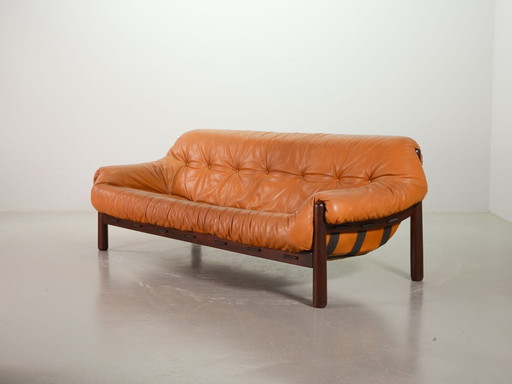 Exquisite Brazilian Percival Lafer Style Cognac Leather 3-Seat Lounge Sofa, 1970S.