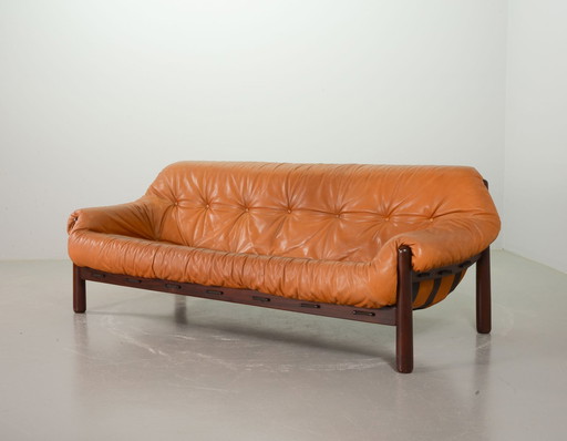 Exquisite Brazilian Percival Lafer Style Cognac Leather 3-Seat Lounge Sofa, 1970S.