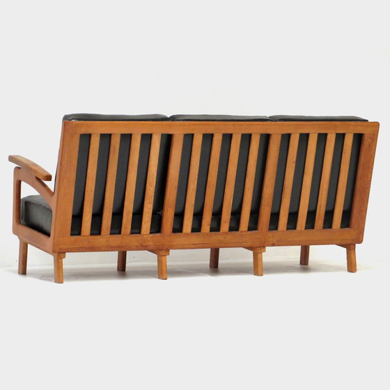 Image 1 of Vintage lounge sofa with oak frame and black leather