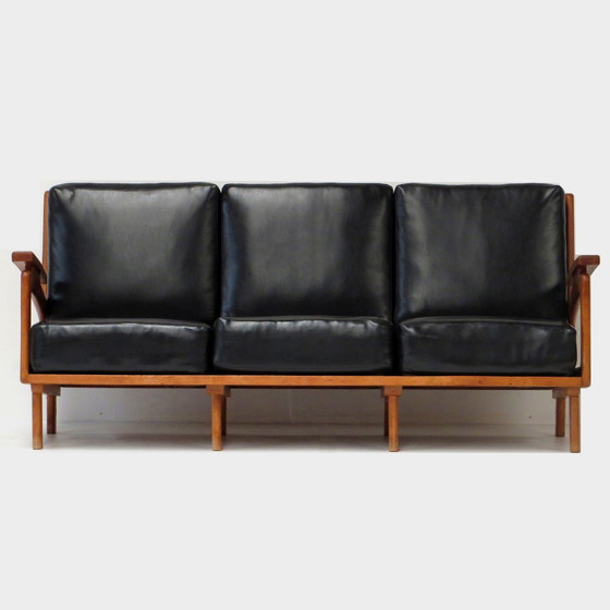 Image 1 of Vintage lounge sofa with oak frame and black leather