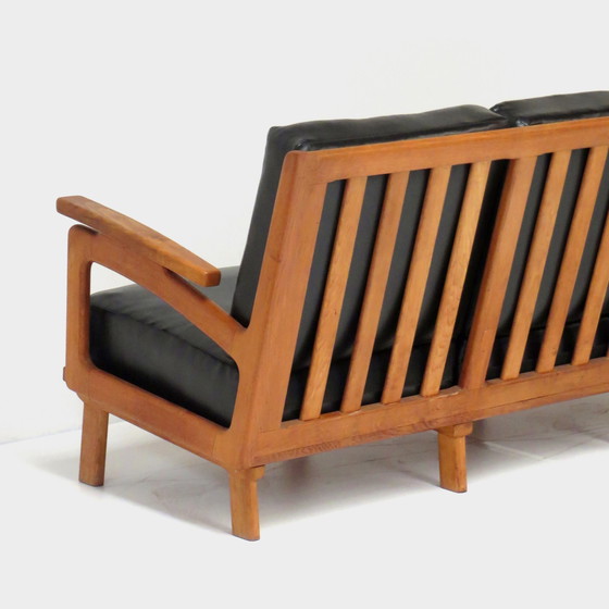 Image 1 of Vintage lounge sofa with oak frame and black leather