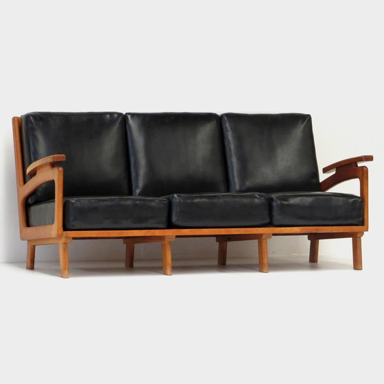 Image 1 of Vintage lounge sofa with oak frame and black leather