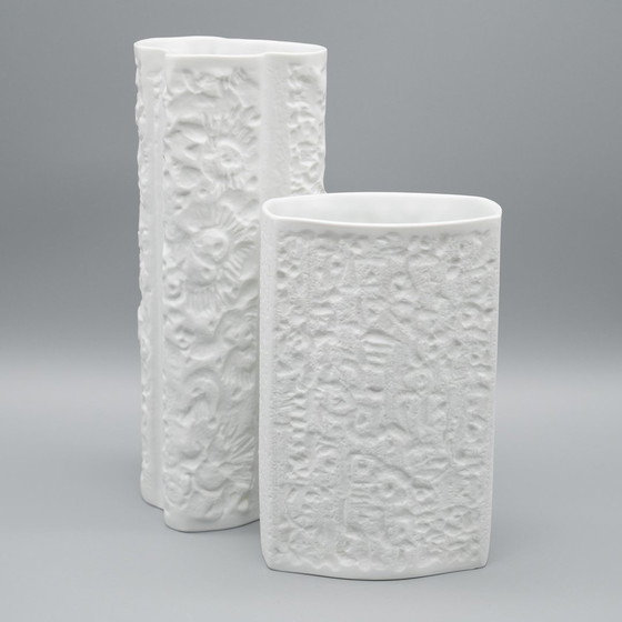 Image 1 of Hutschenreuther Retro Vase Duo Prof. Schwahn Bisque Porcelain 70S Op-Art Relief