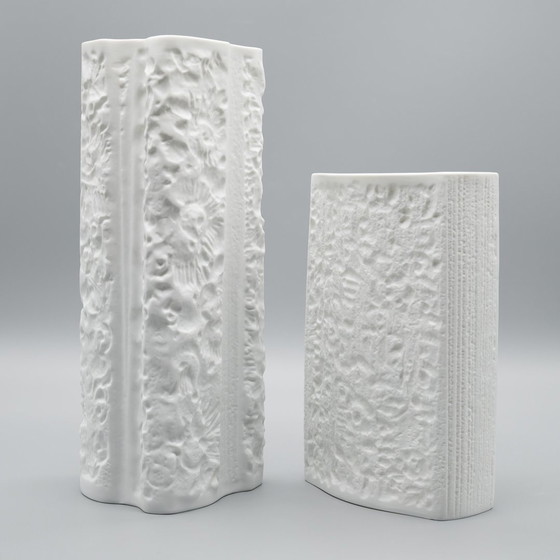 Image 1 of Hutschenreuther Retro Vase Duo Prof. Schwahn Bisque Porcelain 70S Op-Art Relief