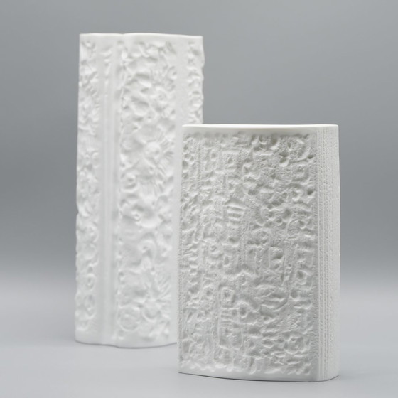 Image 1 of Hutschenreuther Retro Vase Duo Prof. Schwahn Bisque Porcelain 70S Op-Art Relief