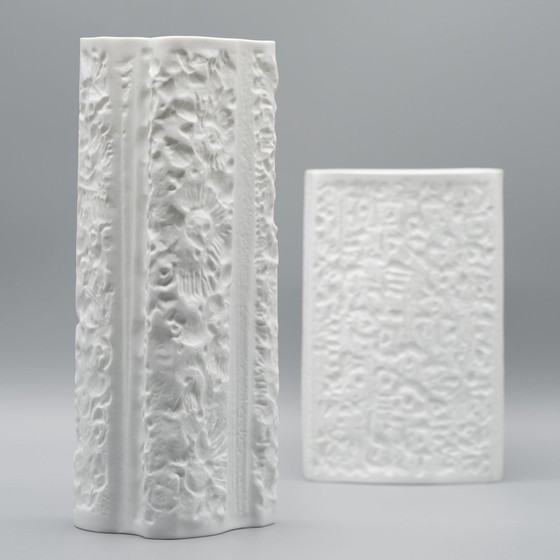 Image 1 of Hutschenreuther Retro Vase Duo Prof. Schwahn Bisque Porcelain 70S Op-Art Relief