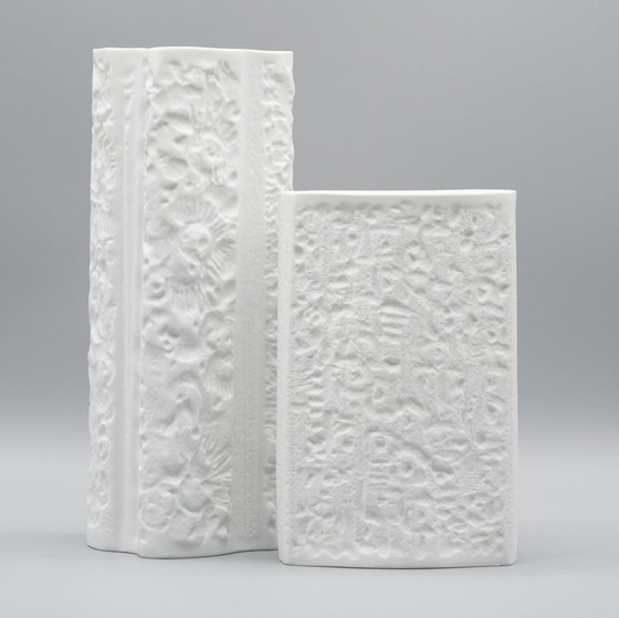 Image 1 of Hutschenreuther Retro Vase Duo Prof. Schwahn Bisque Porcelain 70S Op-Art Relief