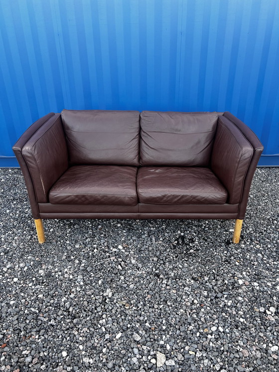 Image 1 of Danish Two Seater Brown Leather Sofa 1970S