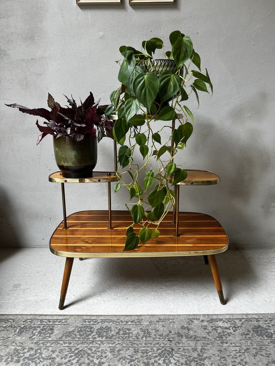 Image 1 of Plant Table Etagiere 60s Wood With Gold Details On Slender Legs