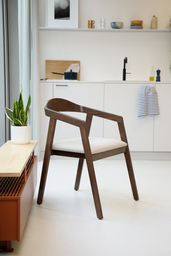 Image 1 of 4 X Brown Dining Chair With Beige Seat Cushion