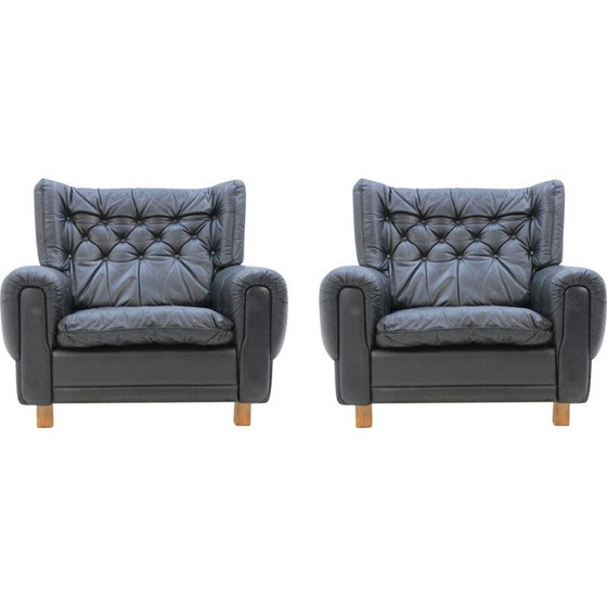 Image 1 of Set di 2 poltrone vintage in pelle nera, anni '70