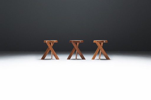 Vintage Set Of S13 A Elm Stools By Pierre Chapo - France