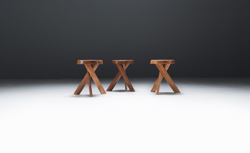 Vintage Set Of S13 A Elm Stools By Pierre Chapo - France