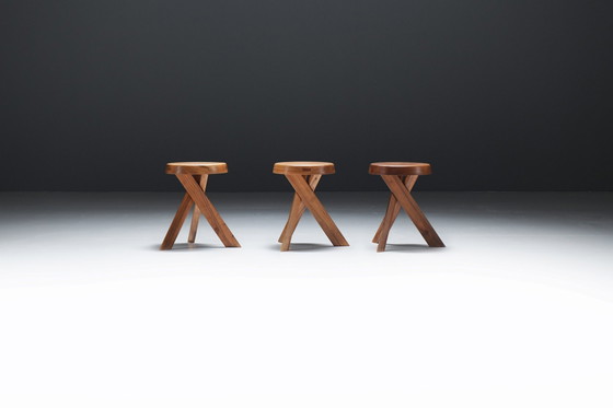 Image 1 of Vintage Set Of S13 A Elm Stools By Pierre Chapo - France
