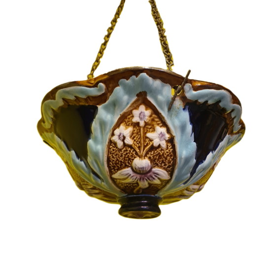 Image 1 of French Art Nouveau Majolica hanging flower pot, early 20th century