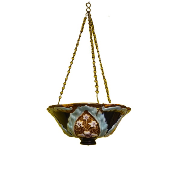 Image 1 of French Art Nouveau Majolica hanging flower pot, early 20th century