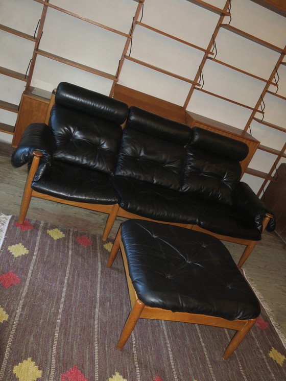 Image 1 of Eric Merthen 3-Seater Leather Sofa With Ottoman, Sweden 1960S