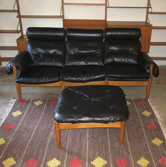 Image 1 of Eric Merthen 3-Seater Leather Sofa With Ottoman, Sweden 1960S