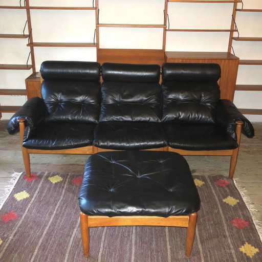 Eric Merthen 3-Seater Leather Sofa With Ottoman, Sweden 1960S