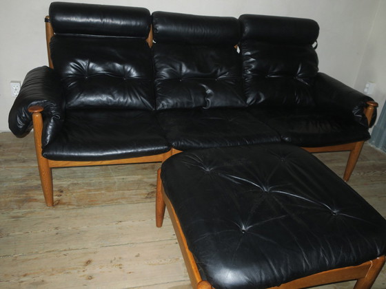 Image 1 of Eric Merthen 3-Seater Leather Sofa With Ottoman, Sweden 1960S