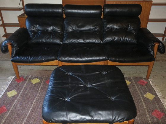 Image 1 of Eric Merthen 3-Seater Leather Sofa With Ottoman, Sweden 1960S