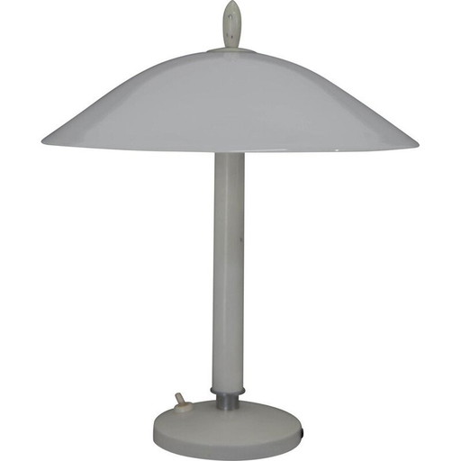 Lampada da tavolo vintage in metallo bianco e vetro opalino, 1950