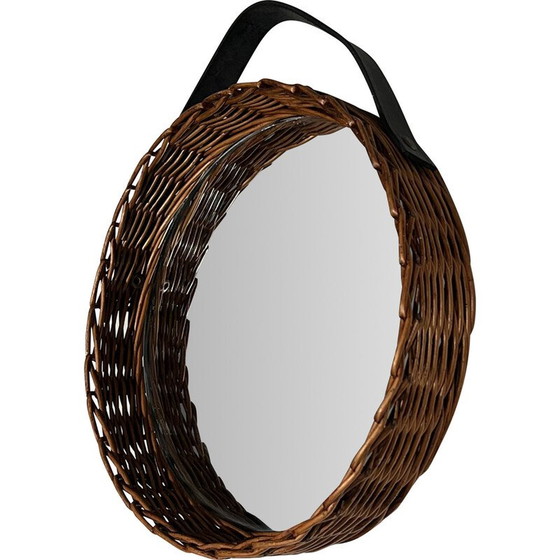 Image 1 of Vintage round mirror in leather and rattan, 1950