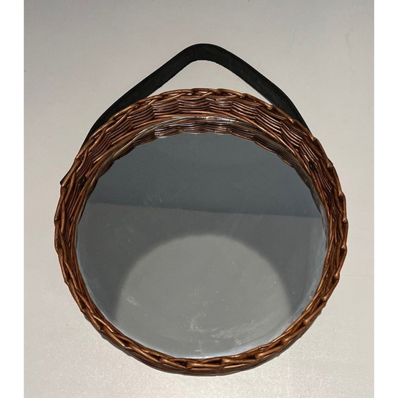 Image 1 of Vintage round mirror in leather and rattan, 1950