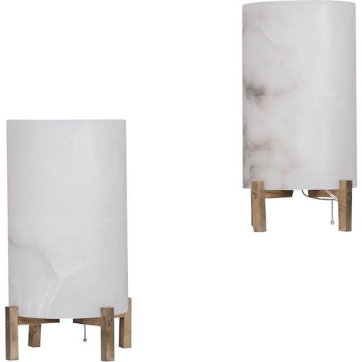 Pair of vintage table lamps in brass and alabaster, France 1980