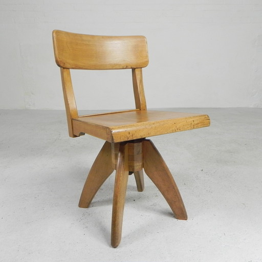 Wooden high chair, swivel chair, school chair, 1950s