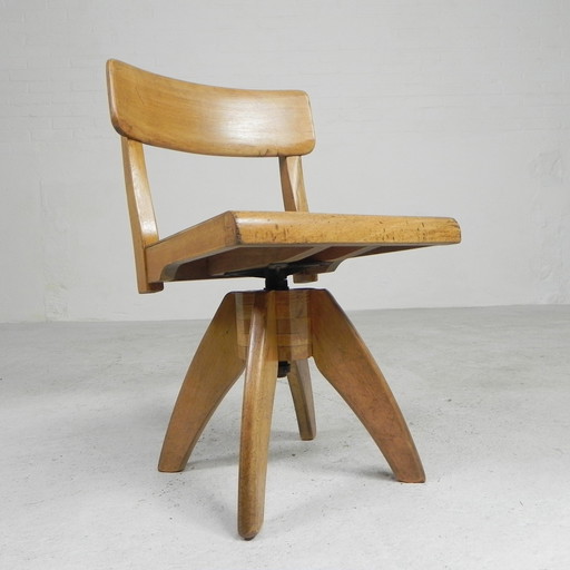 Wooden high chair, swivel chair, school chair, 1950s